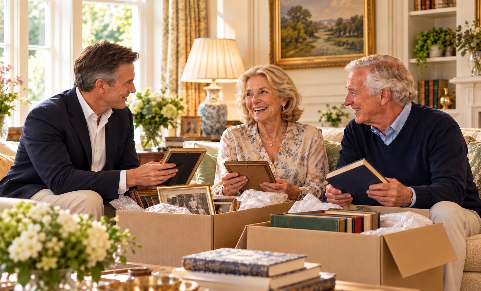 A moving coordinator helping the couple unpack treasured belongings in their new home