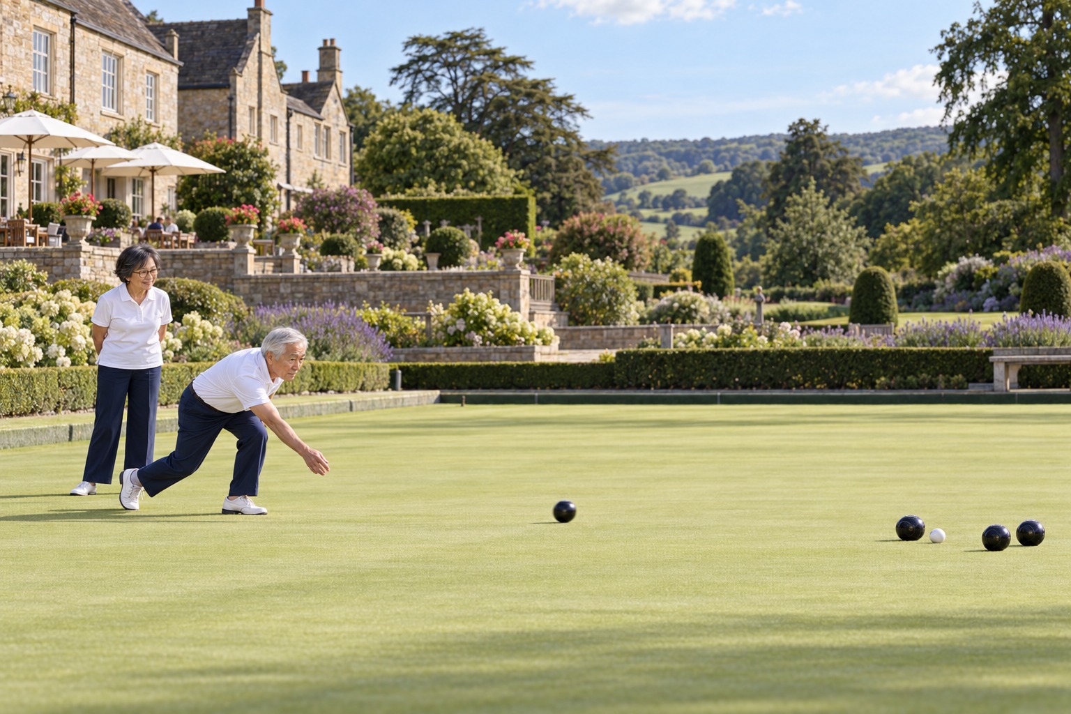 Residents playing lawn bowls towards a white jack
