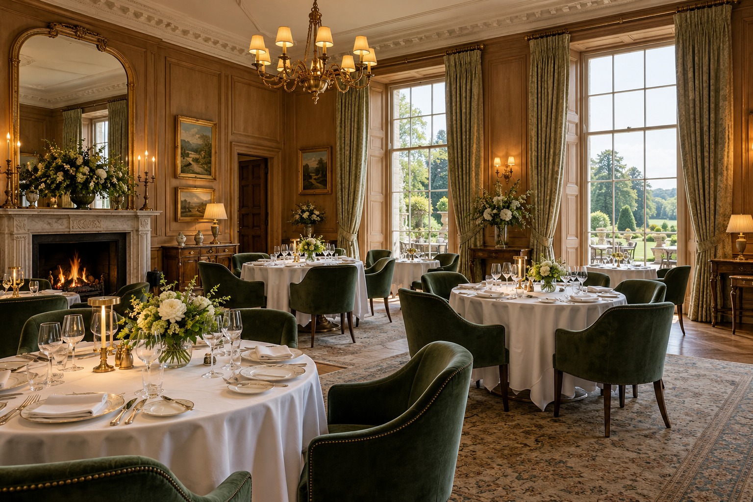 hotel restaurant with laid tables and views over gardens