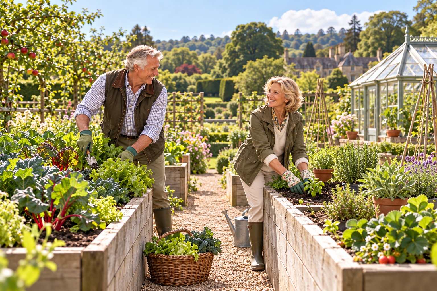 Our resident couple planting herbs and tending vegetables in raised garden beds
