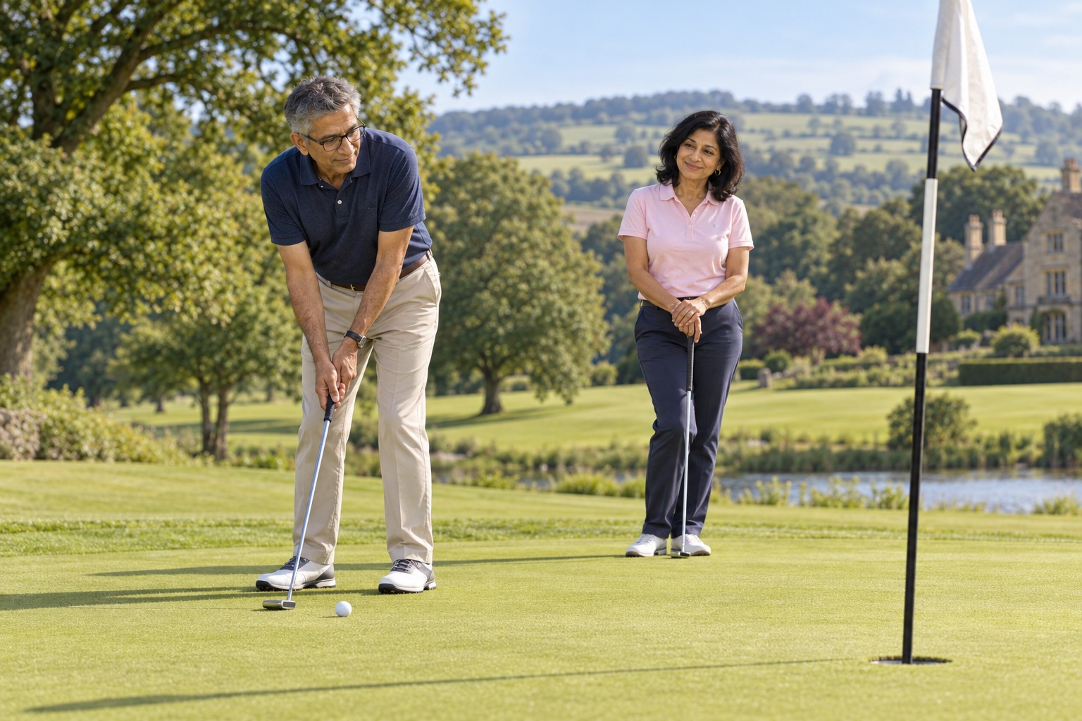 Residents enjoying a game of golf on a landscaped putting green