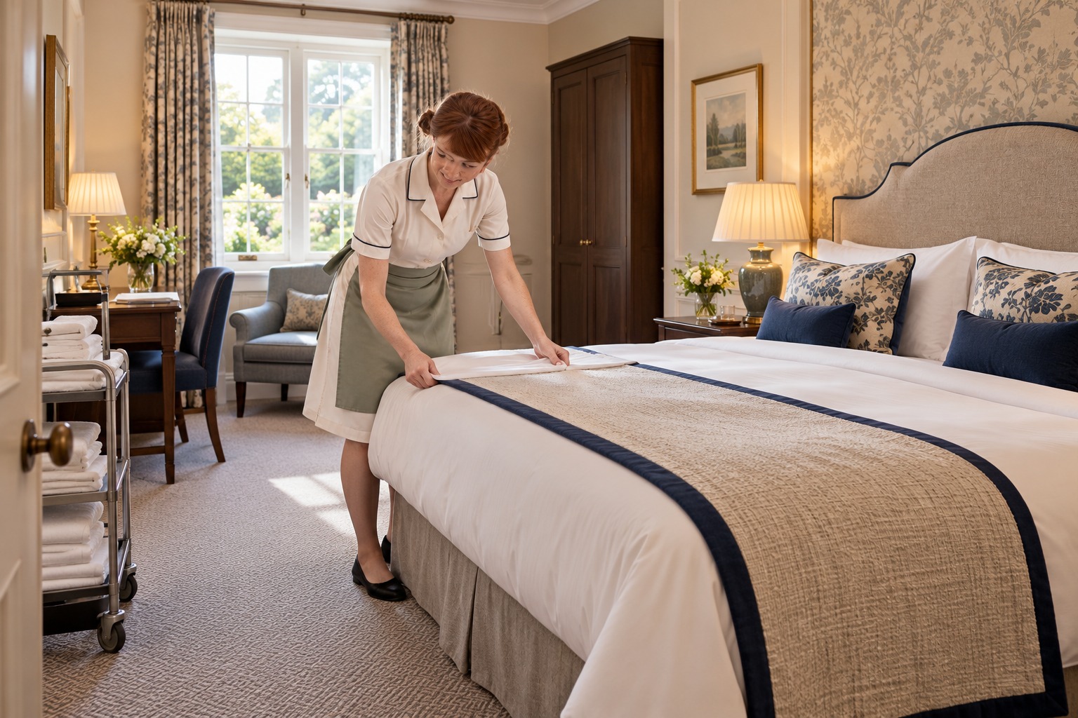 A housekeeper making a double bed in a comfortably sized hotel bedroom, with fresh towels on a linen trolley