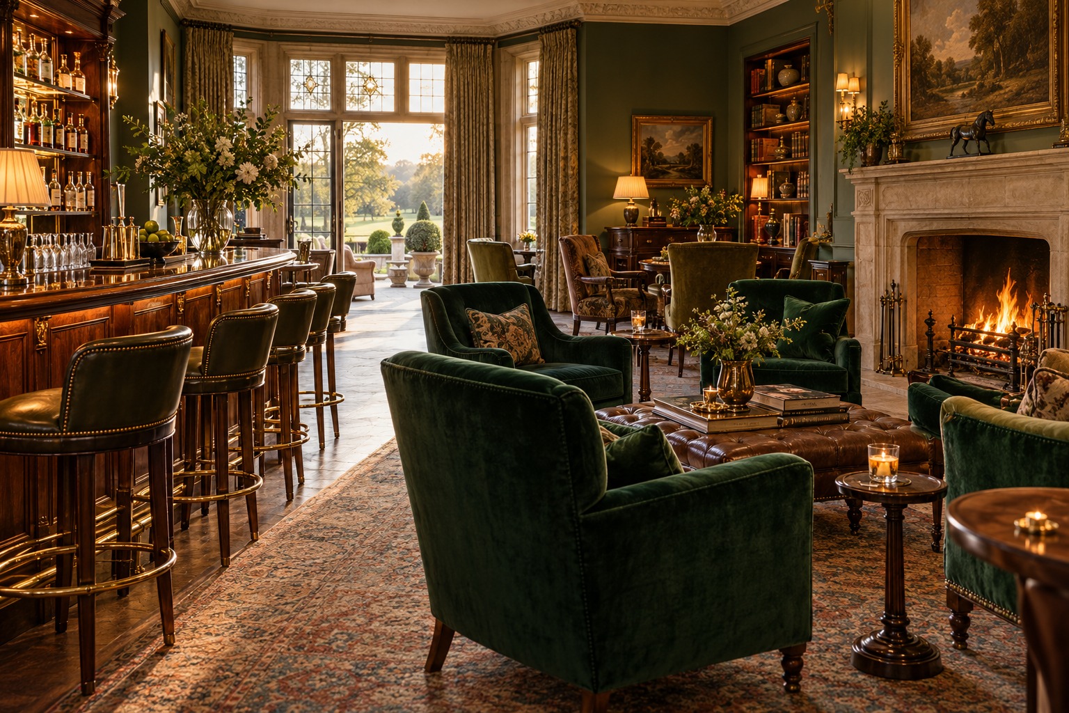 country-house bar and lounge with emerald armchairs