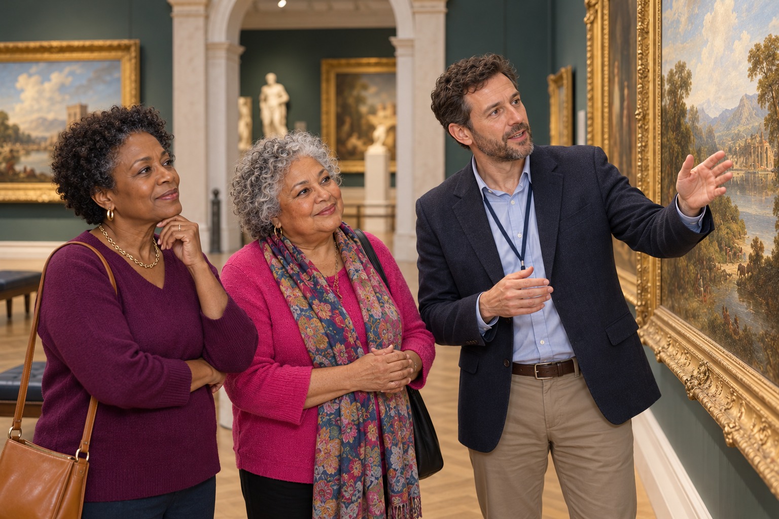 Residents exploring paintings with a guide during a museum visit