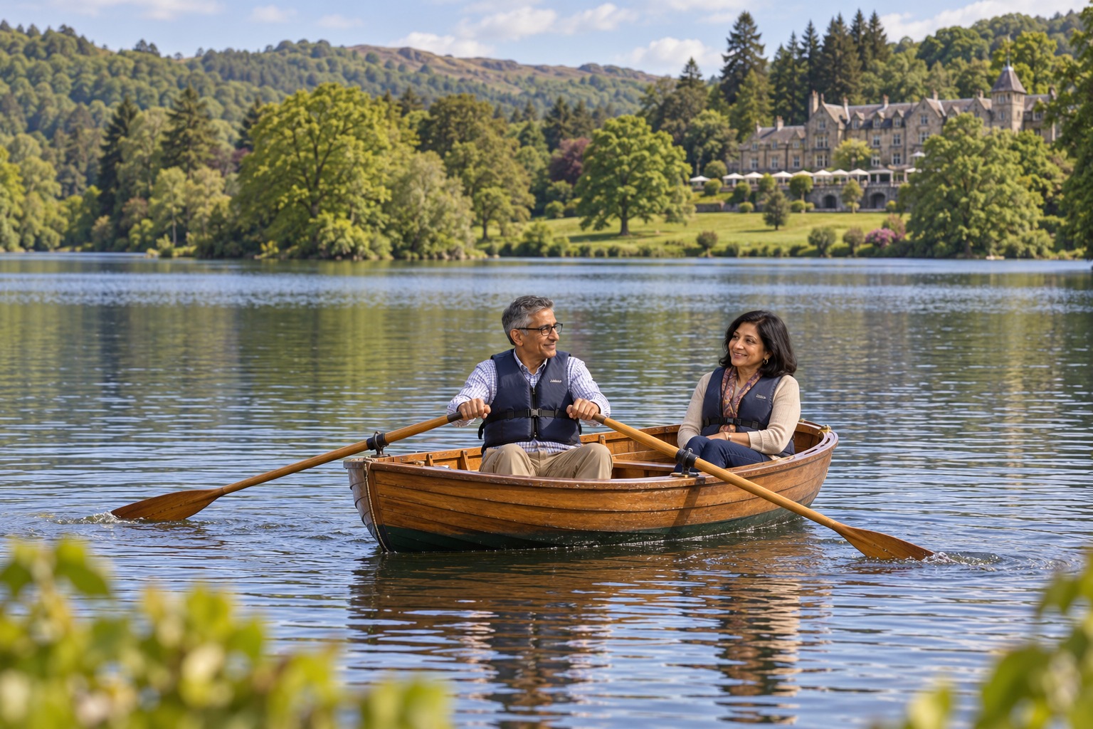 Two residents wearing buoyancy aids and enjoying a rowing boat on a calm lake