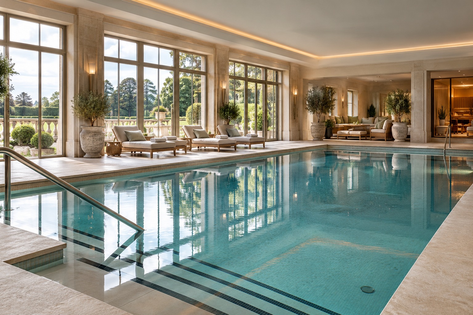 indoor swimming pool with handrails and garden-facing windows