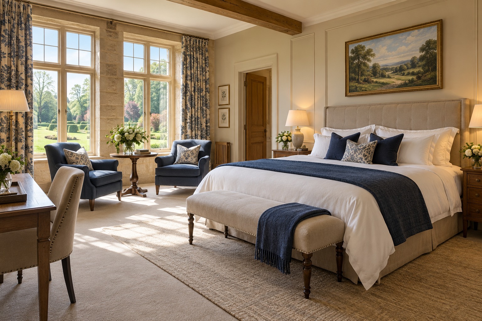 private hotel suite with a sitting area and garden views