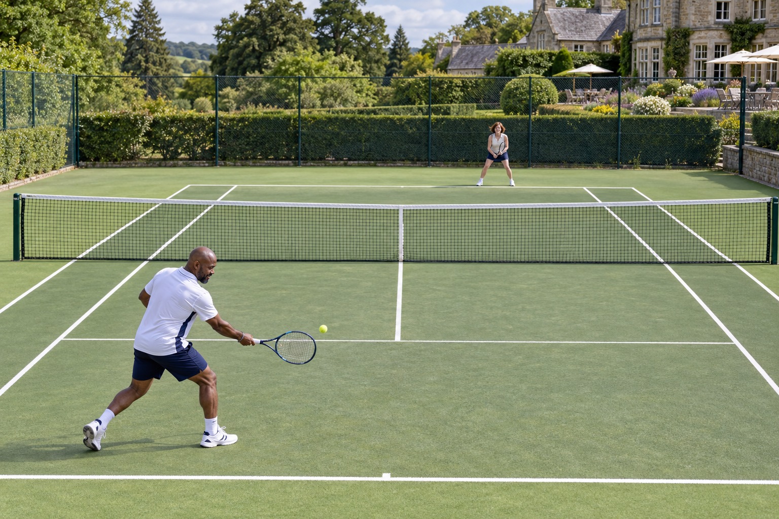 Residents playing tennis on opposite sides of an outdoor court