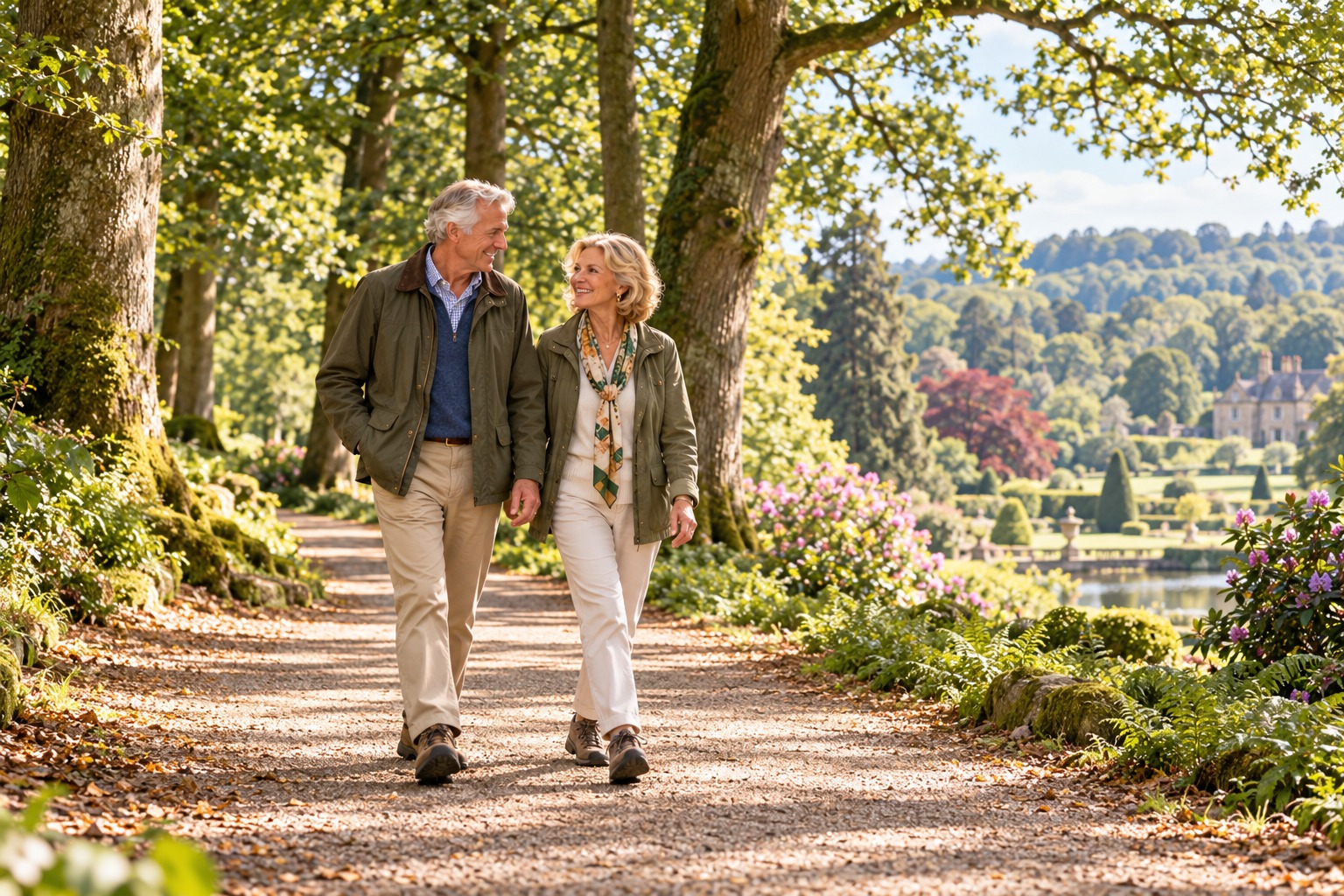 Our resident couple enjoying a gentle walk along a broad woodland path