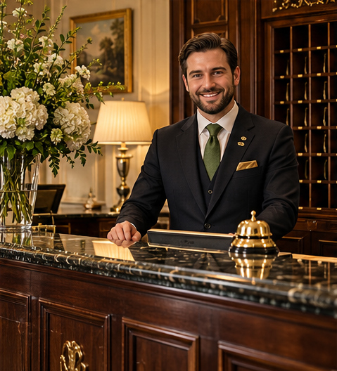A welcoming concierge at a hotel reception desk