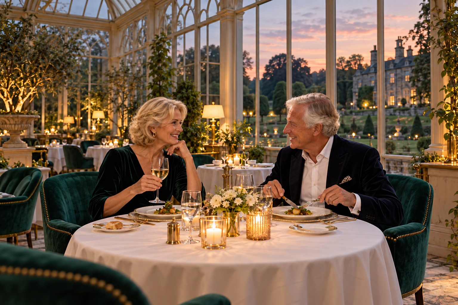 Elegant dining room with beautifully laid tables and garden views