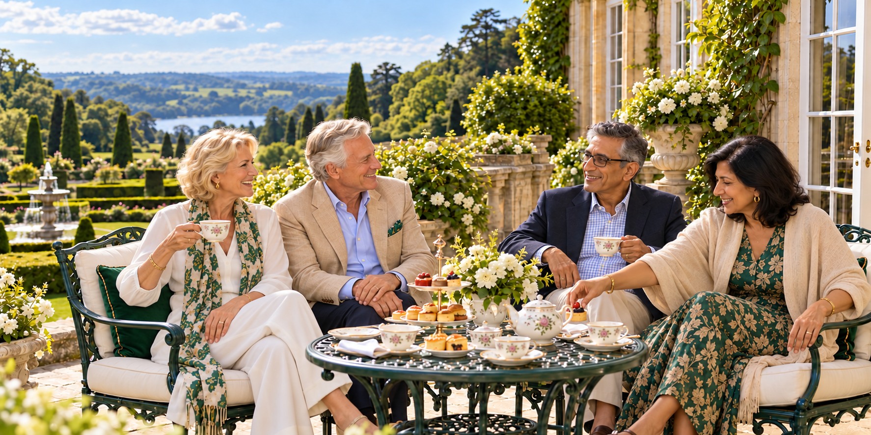 Friends enjoying afternoon tea on a beautiful estate garden terrace