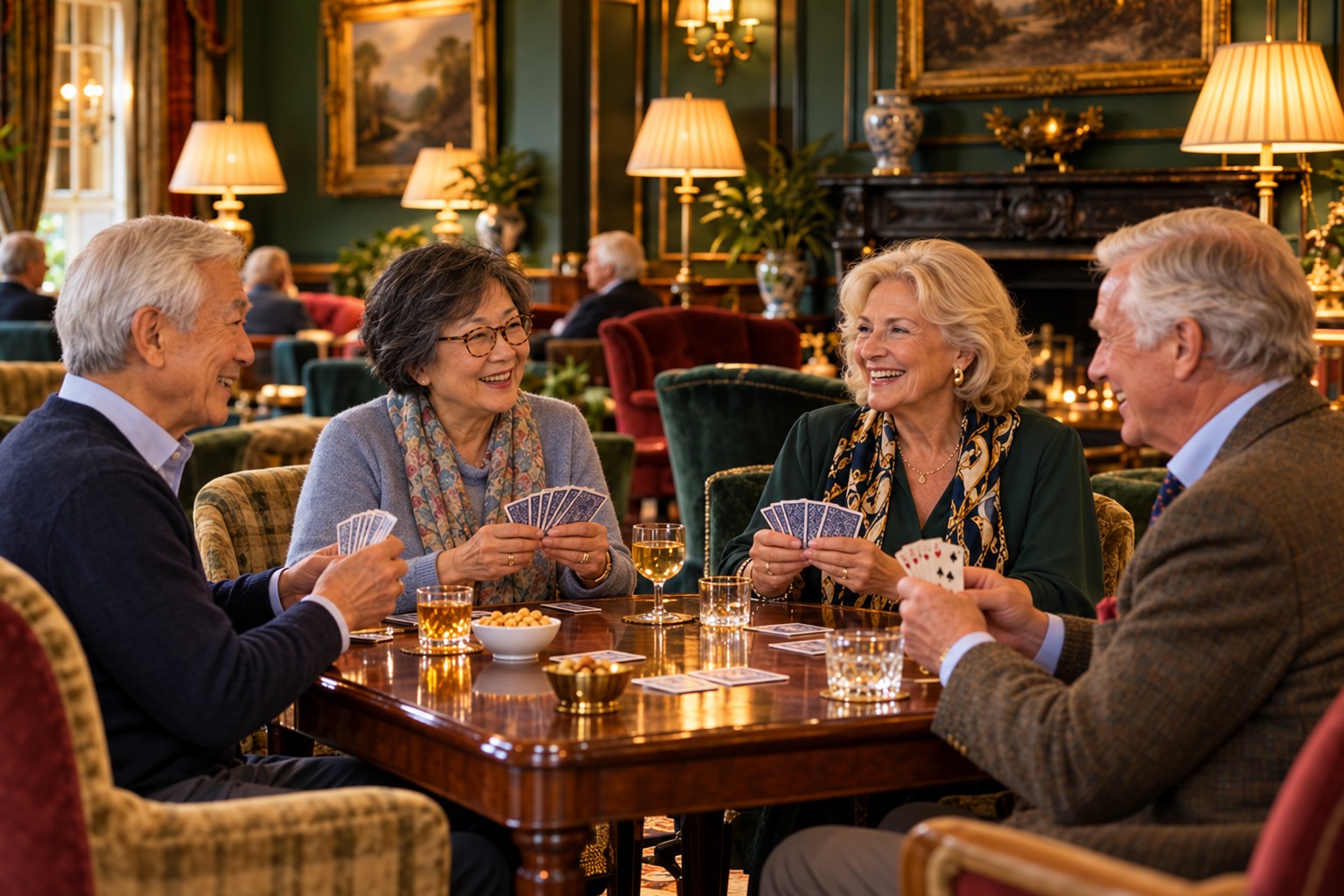 Four residents enjoying a sociable card game in a lounge