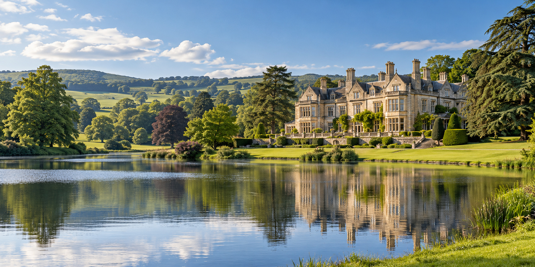 Luxury country hotel beside a tranquil lake and landscaped estate grounds