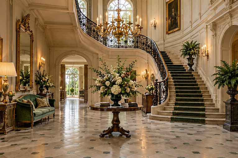 Elegant manor hotel entrance with a welcoming reception area