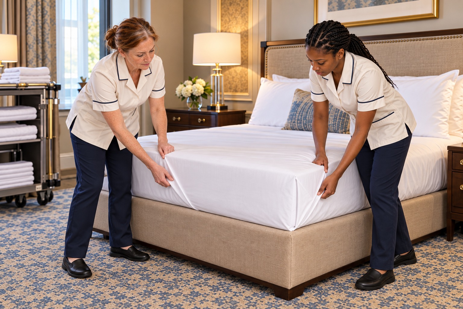 An experienced housekeeper demonstrates how to tuck a bedsheet while a new recruit practises beside her