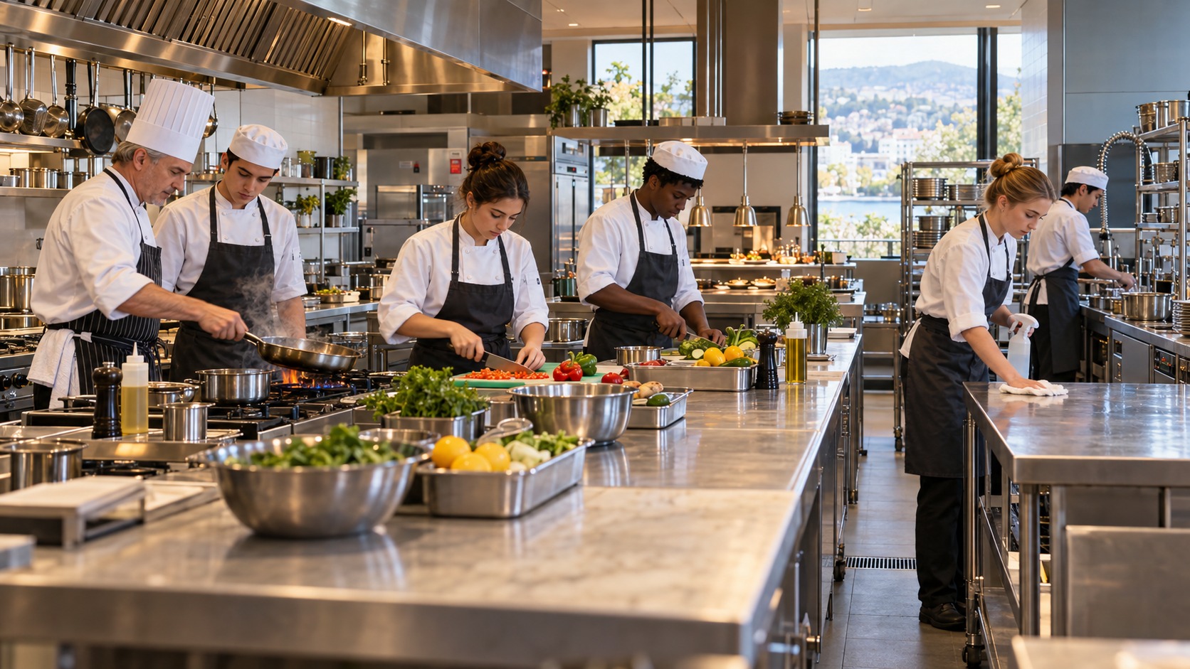 Trainee chefs learning cooking techniques, preparing vegetables and cleaning separate workstations in a professional kitchen