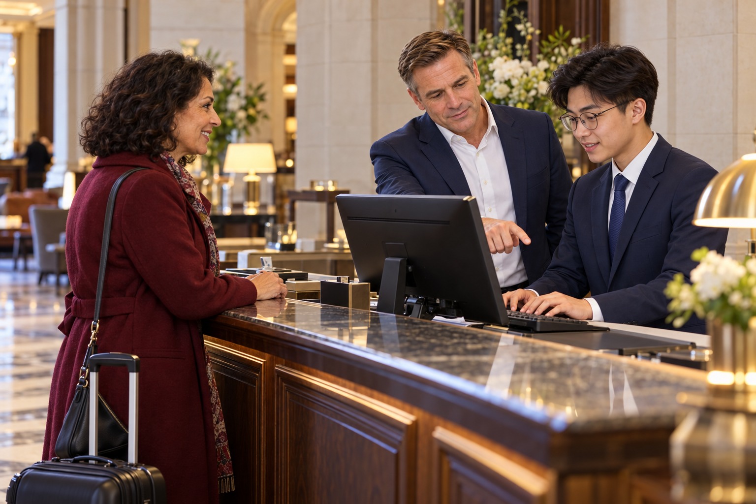 A young receptionist learns to check in a hotel guest with guidance from an experienced colleague