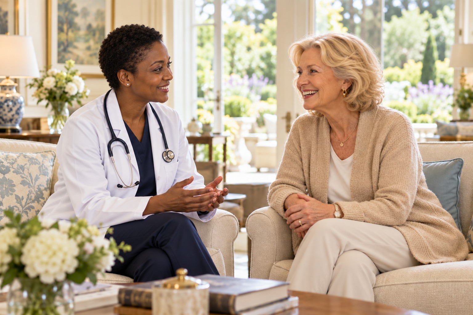 An older resident talking with a healthcare professional in a comfortable consultation setting