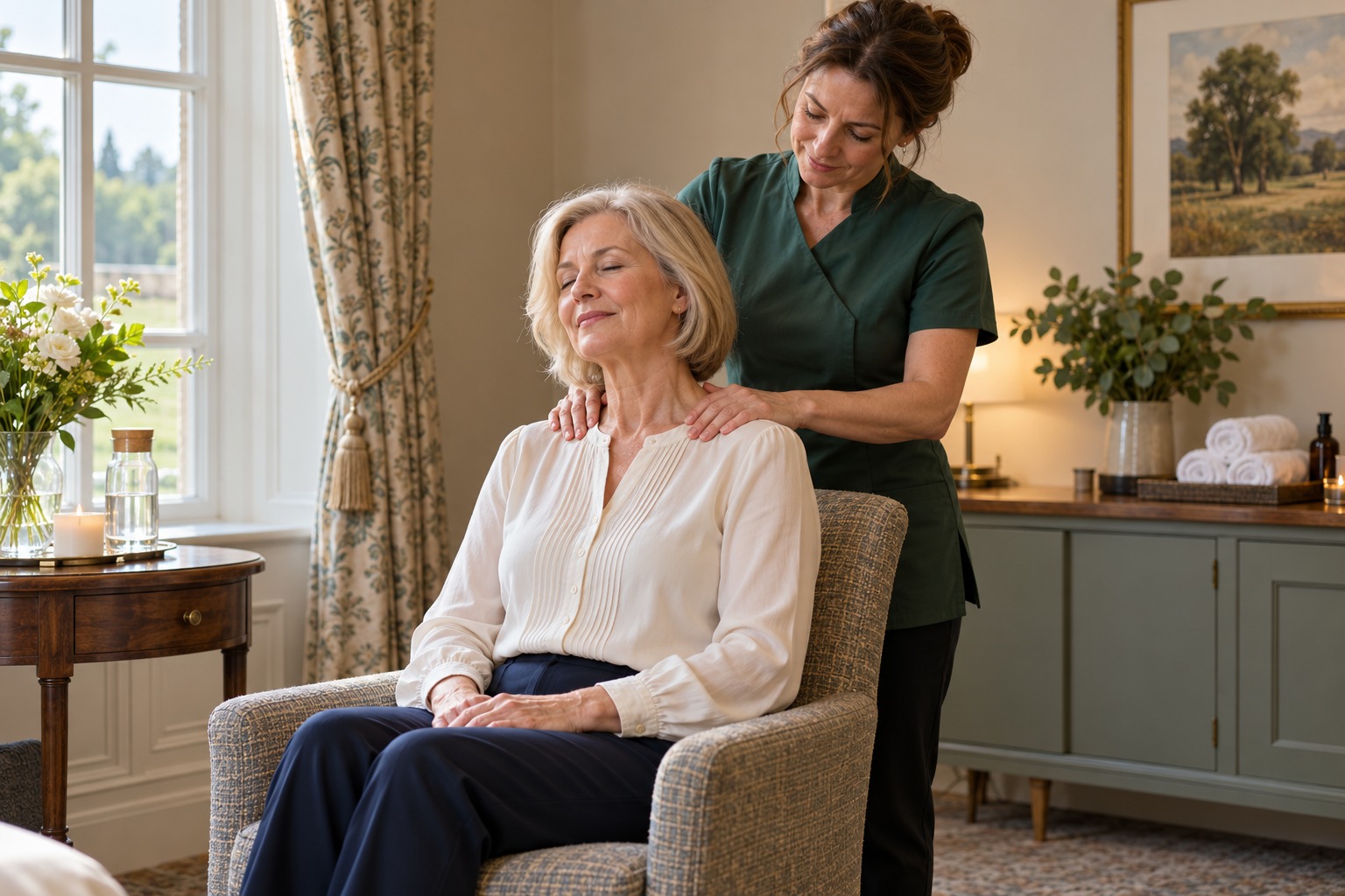 A professional therapist providing a gentle shoulder massage to a fully clothed older client