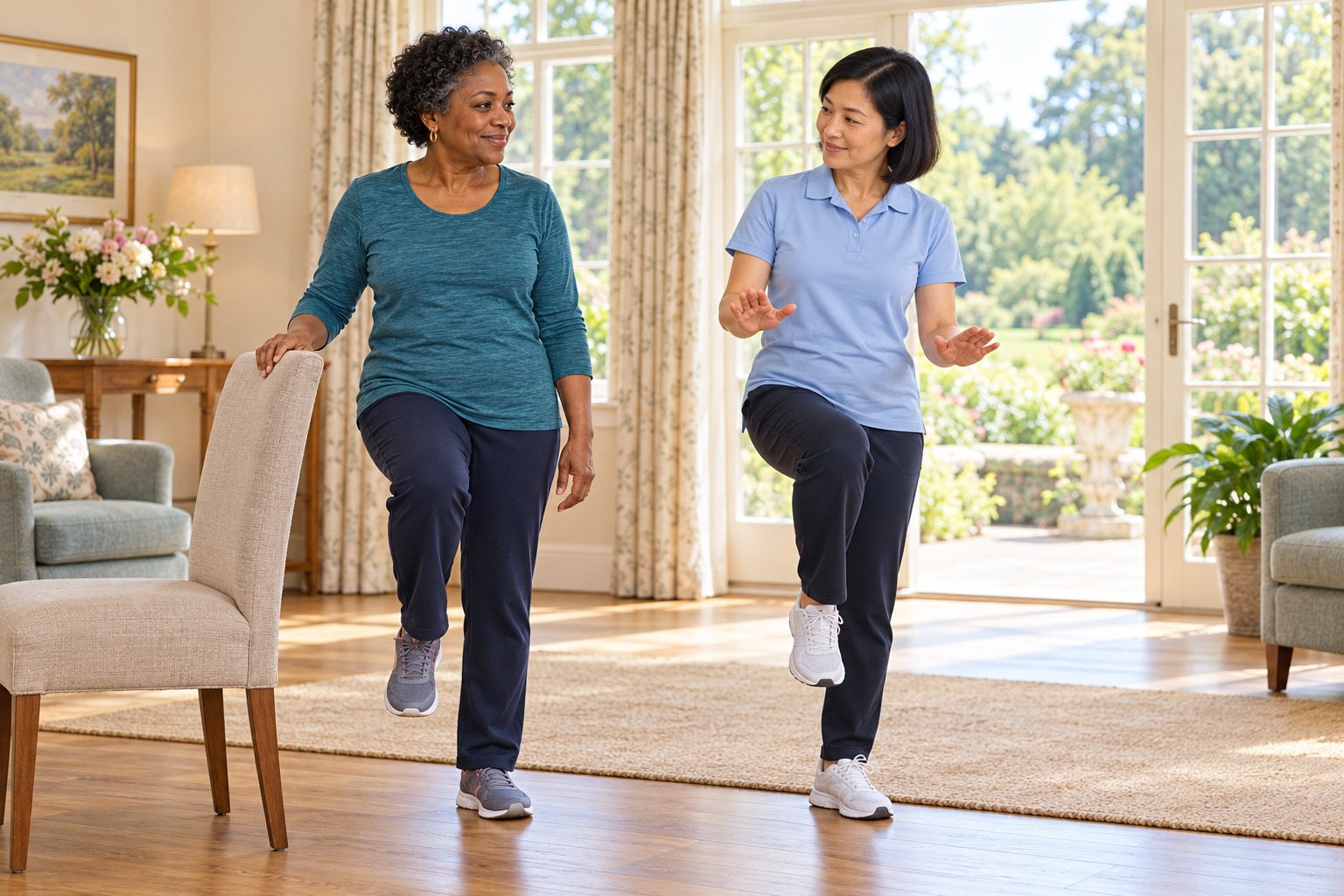 A physiotherapist guiding an older resident through a gentle balance exercise beside a sturdy chair