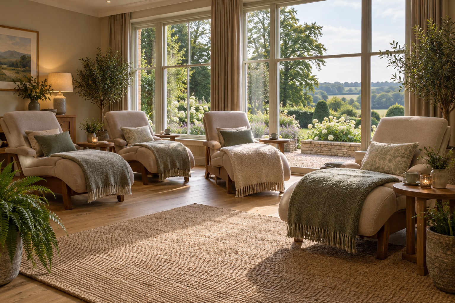 Individual loungers and soft throws in a quiet garden-facing relaxation room
