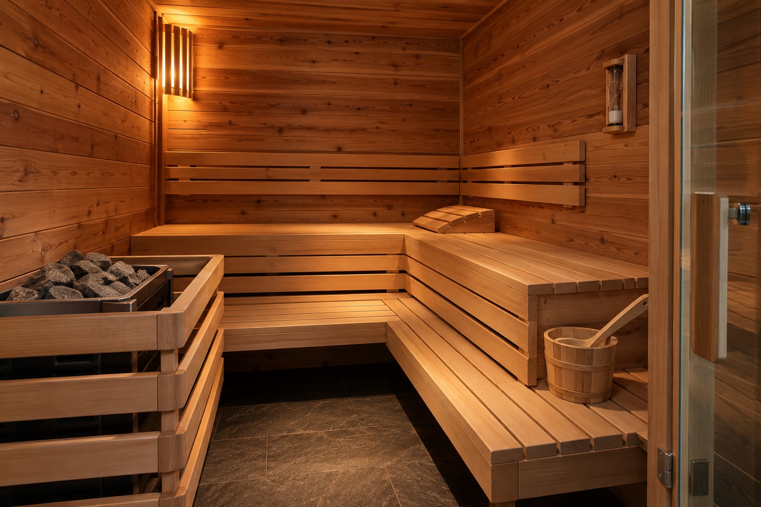 A warm cedar sauna with tiered benches and a guarded heater