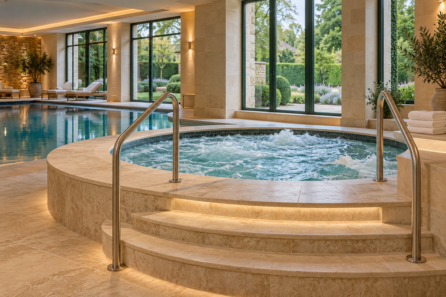 A bubbling spa pool with stone surrounds and safe access steps