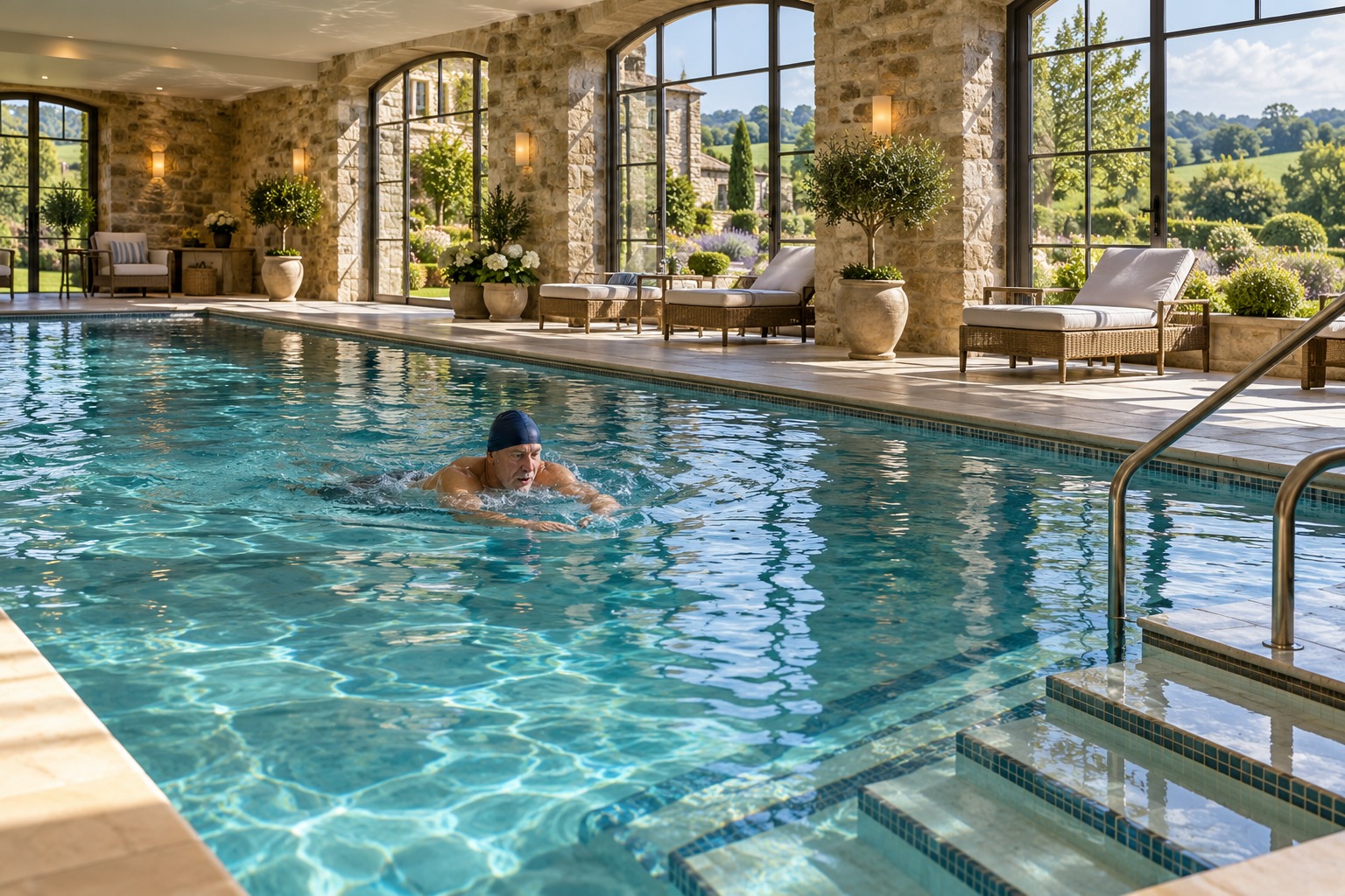 An older swimmer enjoying a relaxed swim in a garden-facing indoor pool